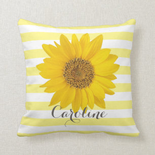 Sunflower with Custom Name Yellow Striped Cushion
