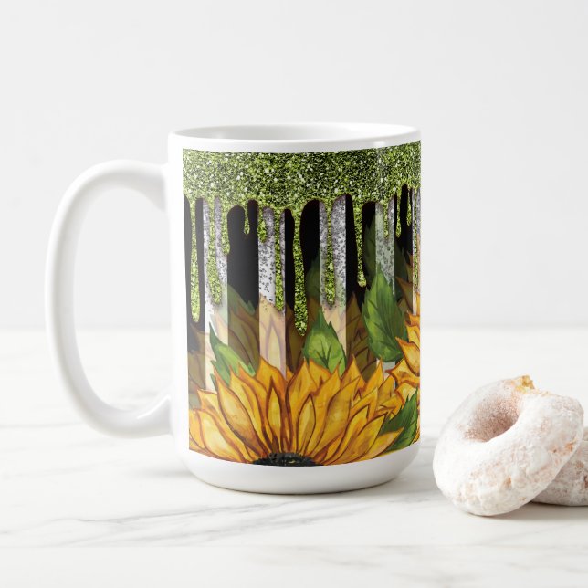 Sunflower with Green Glitter Coffee Mug (With Donut)