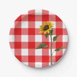 sunflower with lady bugs on chequered plaid paper plate