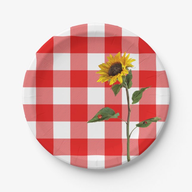 sunflower with lady bugs on chequered plaid paper plate (Front)