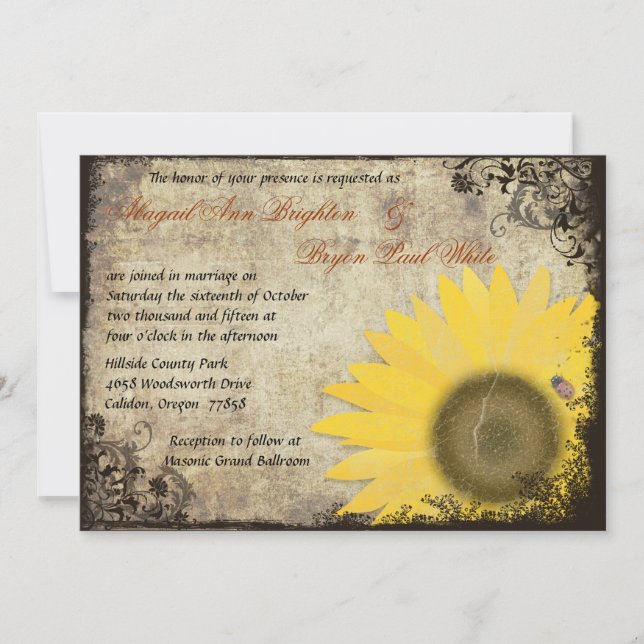 Sunflower with Ladybug Vintage Wedding Invitation (Front)