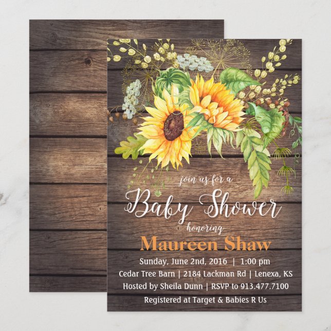Sunflower Wood Baby Shower Invitation (Front/Back)