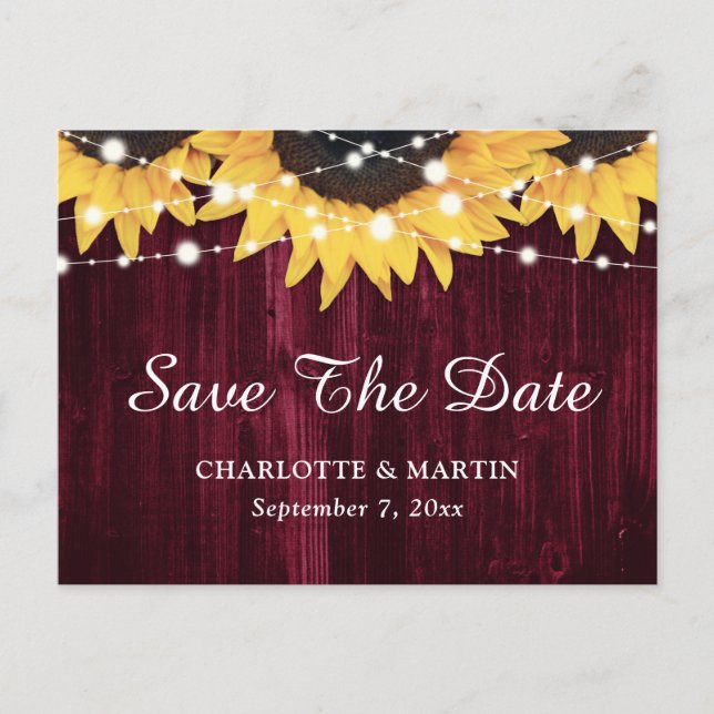 Sunflower Wood Burgundy Wedding Save The Date Announcement Postcard (Front)