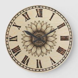 Sunflower Wood Burned Wall Clock