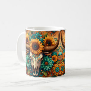 Sunflower Wood Cow Skull Coffee Mug
