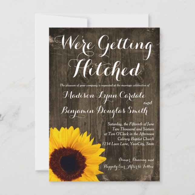 Sunflower Wood Getting Hitched Wedding Invitations (Front)