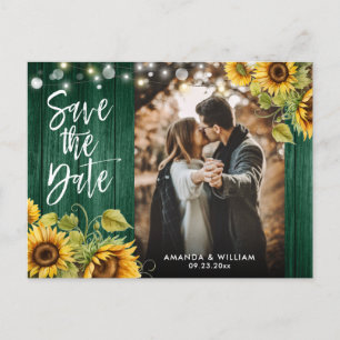 Sunflower Wood Lights Hunter Green Wedding Photo Announcement Postcard