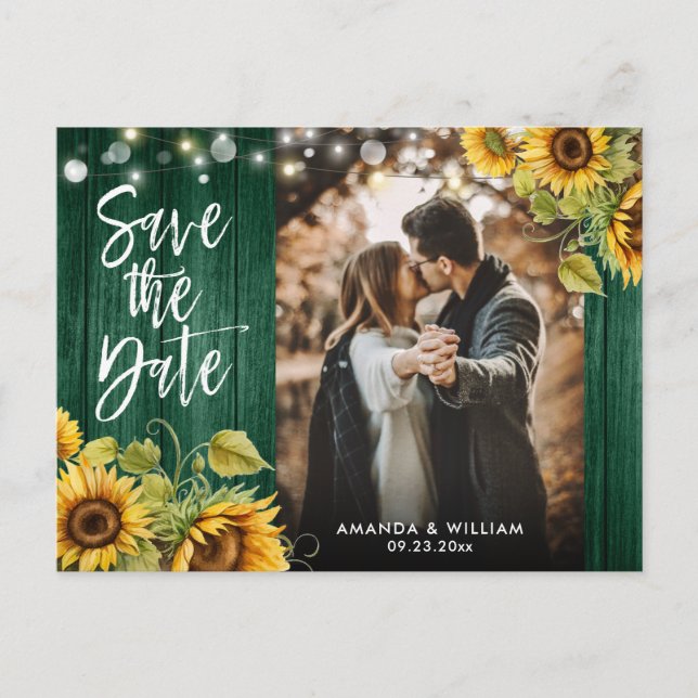 Sunflower Wood Lights Hunter Green Wedding Photo Announcement Postcard (Front)