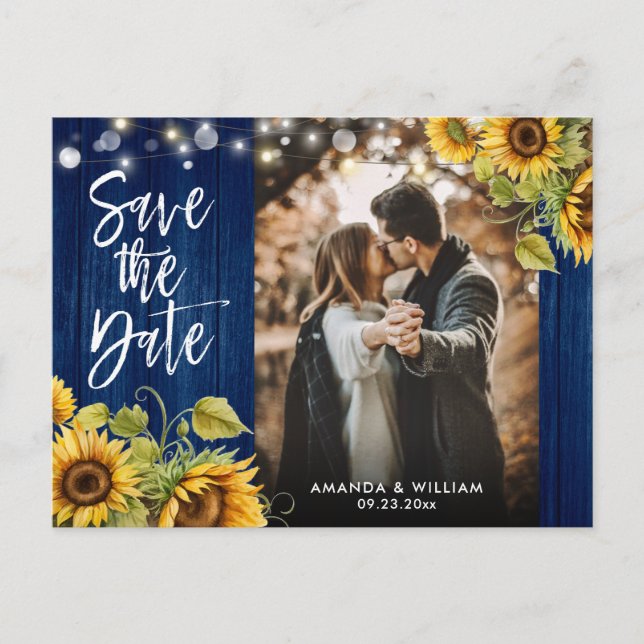Sunflower Wood Lights Navy Blue Wedding Photo Announcement Postcard (Front)