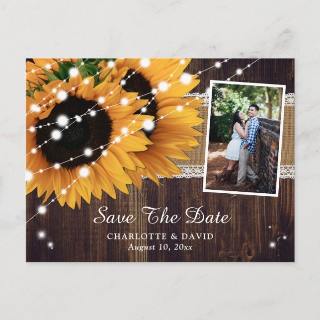 Sunflower Wood Lights Wedding Photo Save The Date Announcement Postcard (Front)