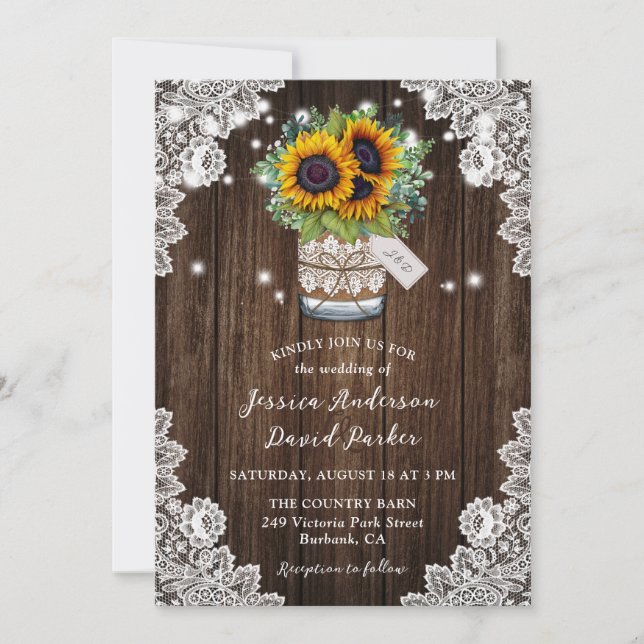 Sunflower Wood Mason Jar Floral Lace Wedding Invitation (Front)