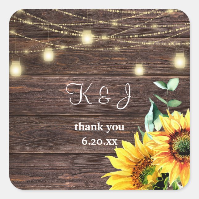 Sunflower, Wood & Mason Jar String Lights Monogram Square Sticker (Front)