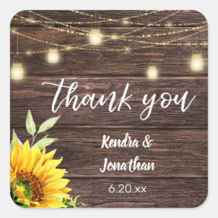 Sunflower Wood & Mason Jar String Lights Thank You Square Sticker