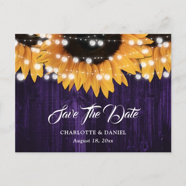 Sunflower Wood Purple Wedding Save The Date Announcement Postcard (Front)