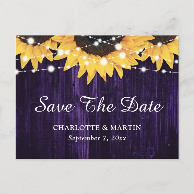 Sunflower Wood Purple Wedding Save The Date Announcement Postcard (Front)