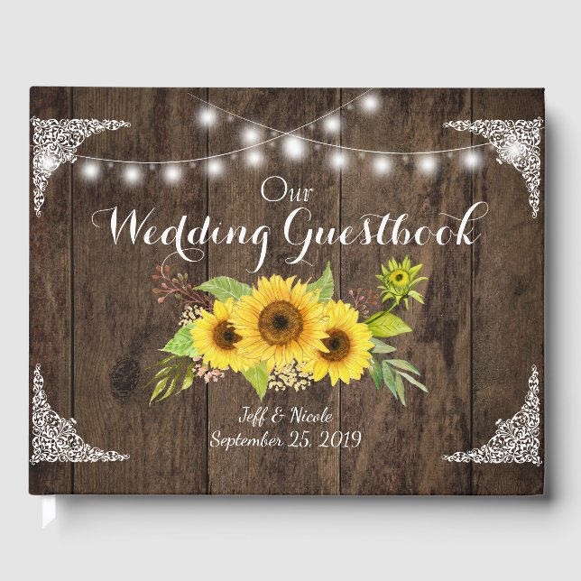 Sunflower Wood Rustic Country Flower Barn Wedding Guest Book (Front)