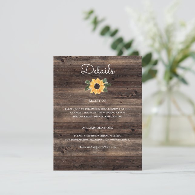 Sunflower Wood Rustic Wedding Details Enclosure Card (Standing Front)