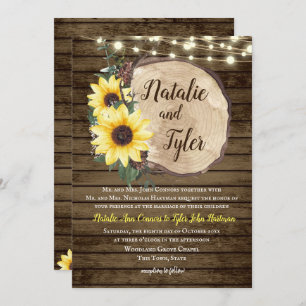 Sunflower Wood Slice Rustic String Lights Wedding Invitation