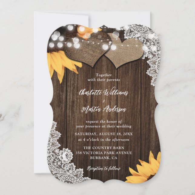 Sunflower Wood String Lights Floral Lace Wedding Invitation (Front)