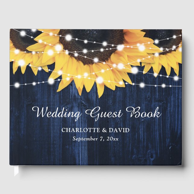 Sunflower Wood String Lights Navy Blue Wedding Guest Book (Front)