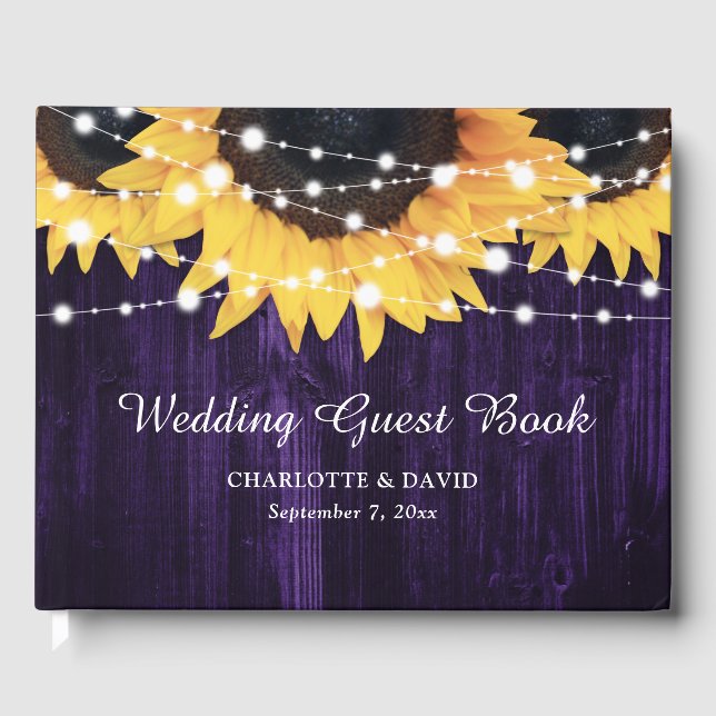 Sunflower Wood String Lights Purple Wedding Guest Book (Front)