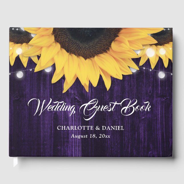 Sunflower Wood String Lights Purple Wedding Guest Book (Front)