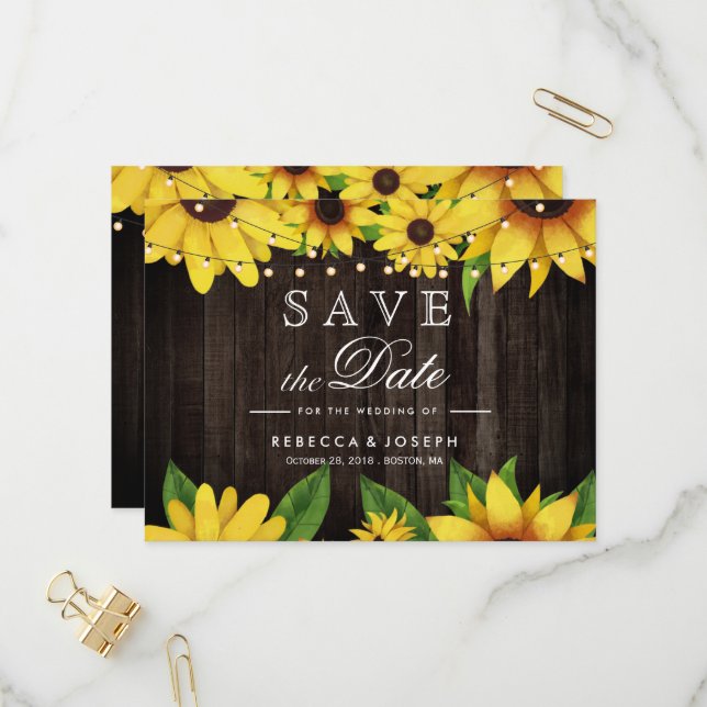 Sunflower Wood String Lights Wedding Save The Date Invitation Postcard (Front/Back In Situ)