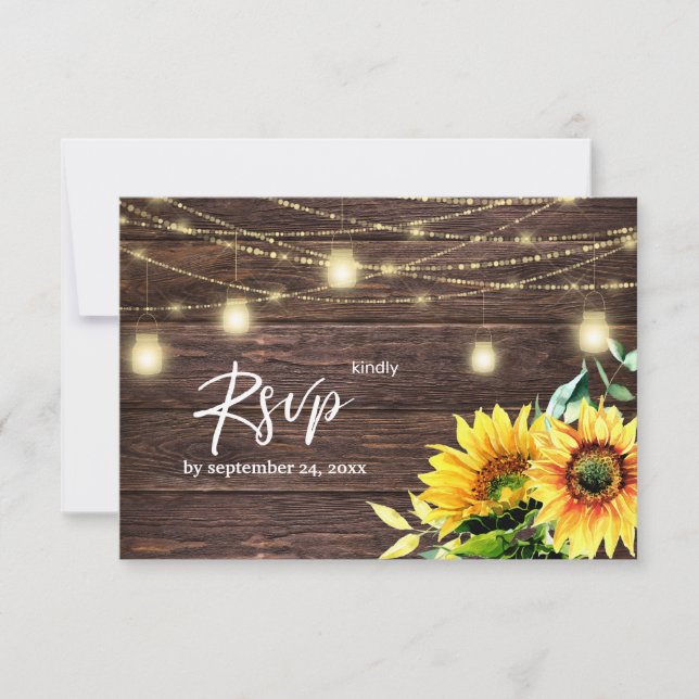 Sunflower, Wood & String Lights with Meal RSVP Card (Front)