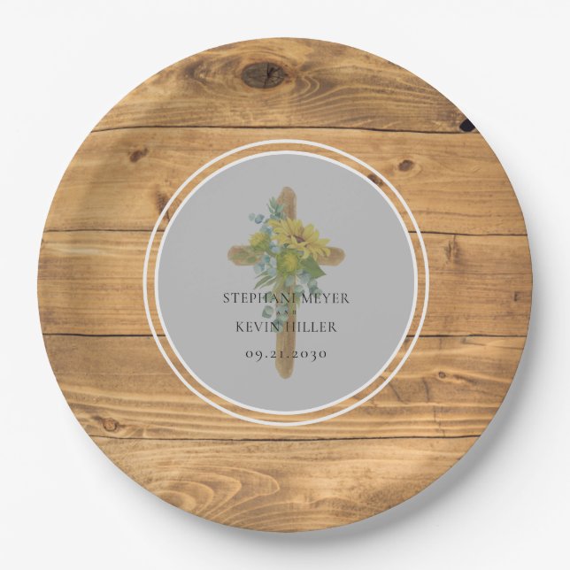 Sunflower Wooden Cross Round Wedding Paper Plate (Front)