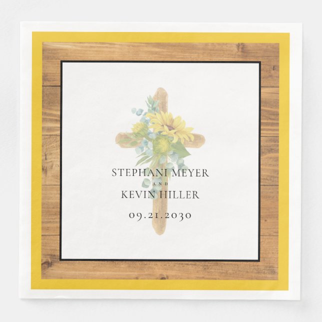 Sunflower Wooden Cross Wedding Napkin (Front)