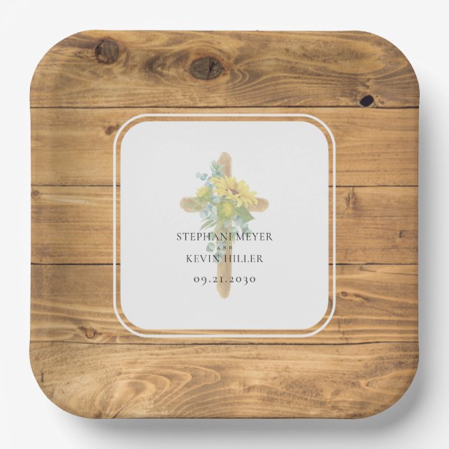 Sunflower Wooden Cross Wedding Paper Plate (Front)