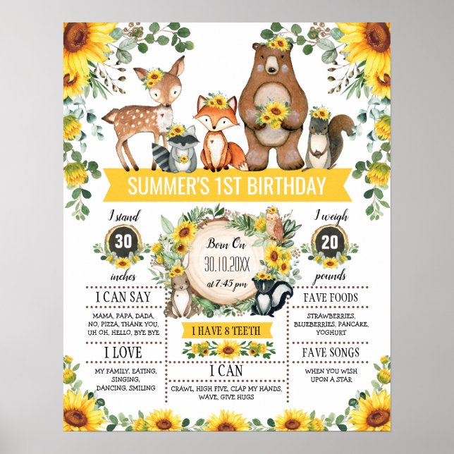 Sunflower Woodland Animals 1st Birthday Milestone Poster (Front)