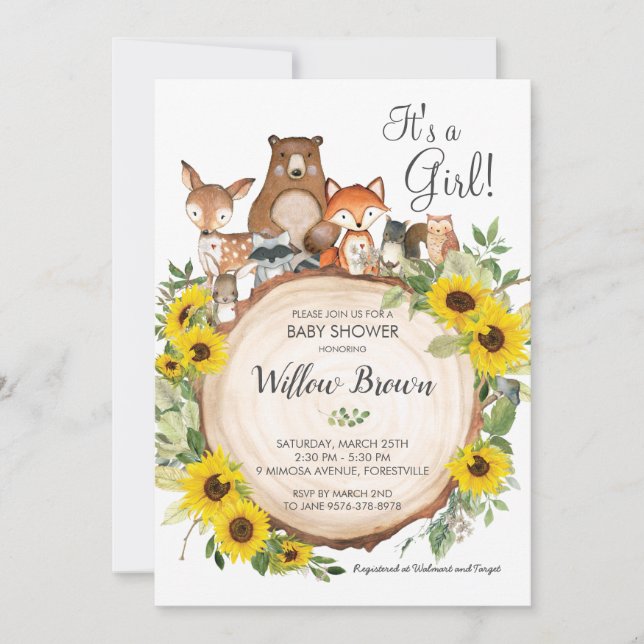Sunflower Woodland Animals Baby Shower Girl Invitation (Front)