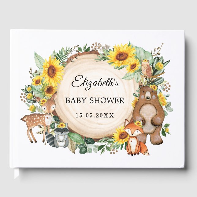 Sunflower Woodland Animals Baby Shower Guest Book (Front)