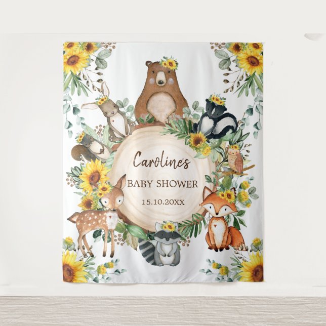 Sunflower Woodland Animals Baby Shower Welcome Tapestry (Front)
