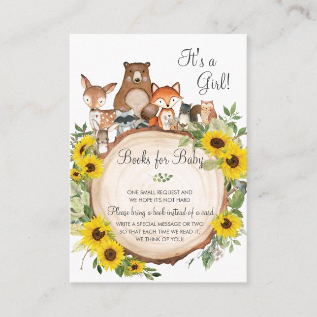 Sunflower Woodland Animals Books for Baby Shower Enclosure Card (Front)