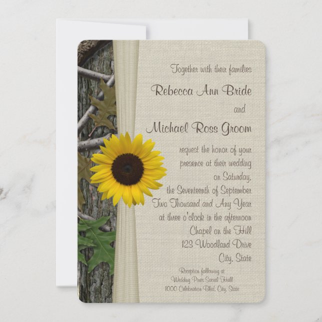 Sunflower Woodland Camouflage Wedding Invitation (Front)