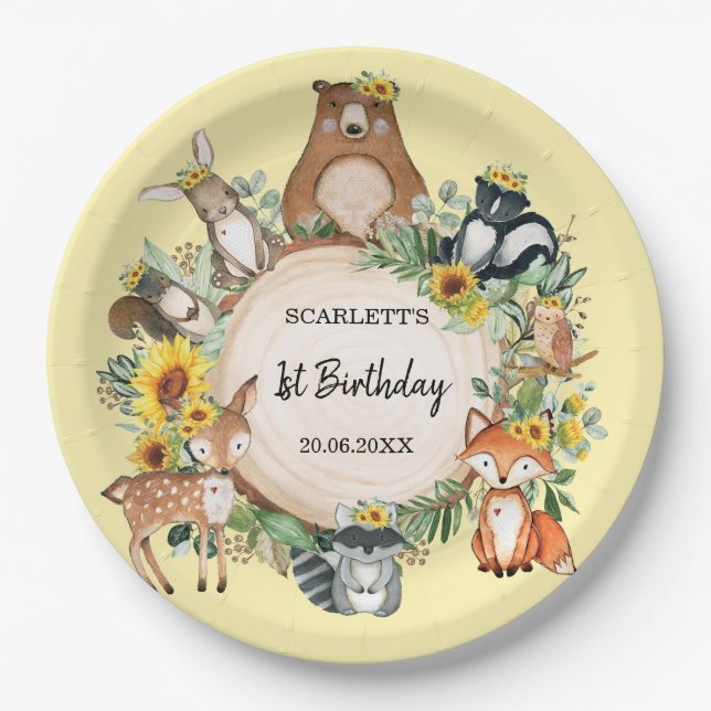 Sunflower Woodland Forest Animals Baby Birthday Paper Plate (Front)