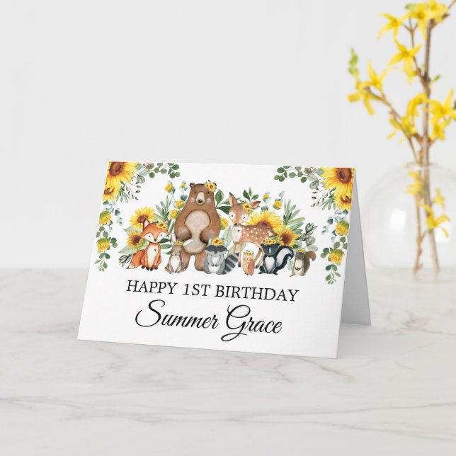 Sunflower Woodland Forest Animals Happy Birthday Card (Yellow Flower)