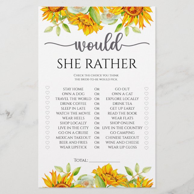 Sunflower Would she rather bridal shower game  (Front)