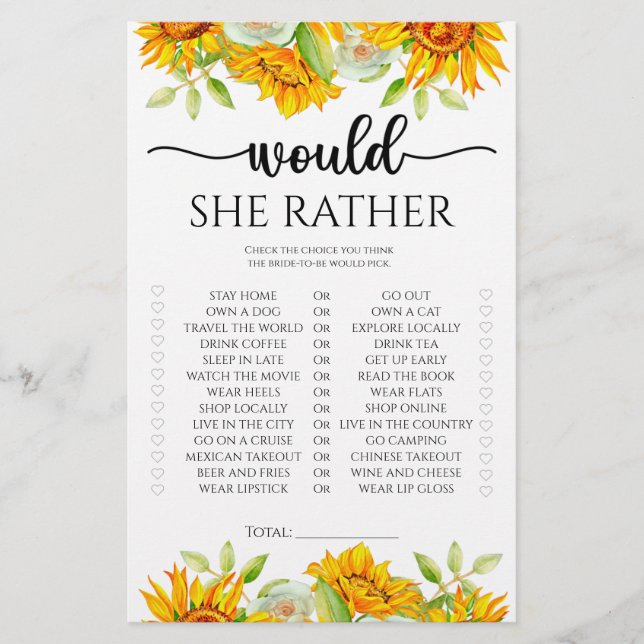 Sunflower Would she rather bridal shower game  (Front)
