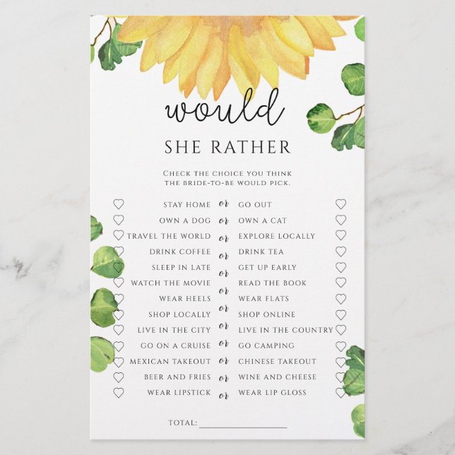 Sunflower Would she rather bridal shower game (Front)