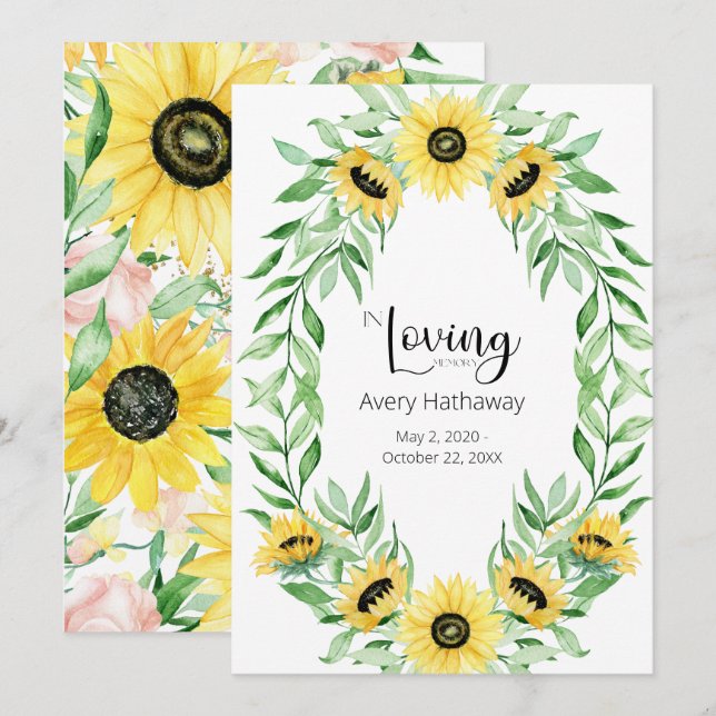 Sunflower Wreath Funeral Memorial  Invitation (Front/Back)