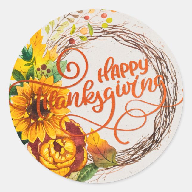 Sunflower Wreath Happy Thanksgiving Classic Round Sticker (Front)