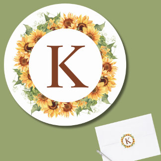 Sunflower Wreath Monogram Classic Round Sticker