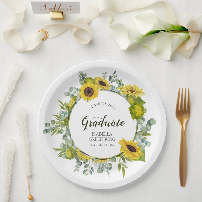 Sunflower Wreath Script Graduation Party Paper Plate (Wedding)