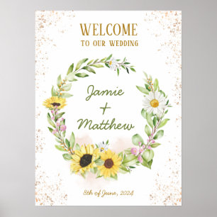 Sunflower Wreath Summer Fall Happy Wedding Welcome Poster