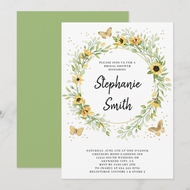 Sunflower Wreath with Butterflies Bridal Shower In Invitation (Front/Back)