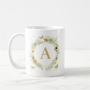 Sunflower Wreath With Butterflies Monogram Coffee Mug