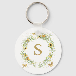 Sunflower Wreath With Butterflies Monogram Key Ring